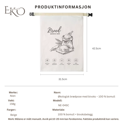 Økologisk bivoks brødpose – 100 % bomull